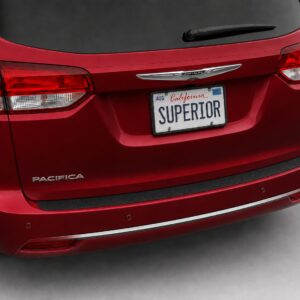 Black vinyl rear sill plate installed on the rear bumper loading edge of a 2020 Chrysler Pacifica.
