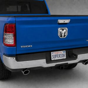 Black vinyl rear sill plate installed on the rear bumper loading edge of a 2020 Dodge Ram pickup.