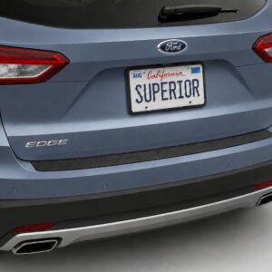 Black vinyl rear sill plate installed on the rear bumper loading edge of a 2023 Ford Edge.