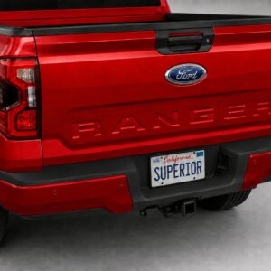 Black vinyl rear sill plate installed on the rear bumper loading edge of a 2023 Ford Ranger.