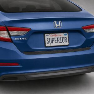 Black vinyl rear sill plate installed on the rear bumper loading edge of a 2019 Honda Civic.