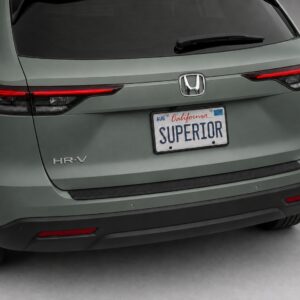 Black vinyl rear sill plate installed on the rear bumper loading edge of a 2023 Honda HR-V.