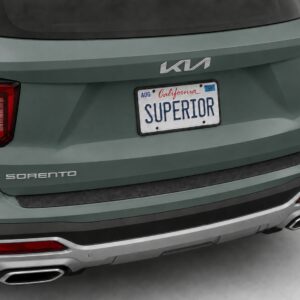 Black vinyl rear sill plate installed on the rear bumper loading edge of a 2023 Kia Sorento.