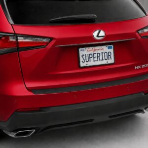 Black vinyl rear sill plate installed on the rear bumper loading edge of a Lexus NX 200t.