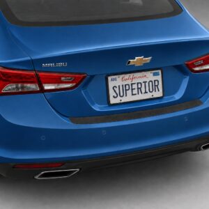 Black vinyl rear sill plate installed on the rear bumper loading edge of a 2023 Chevrolet Malibu.
