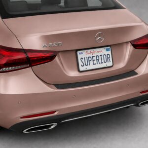 Black vinyl rear sill plate installed on the rear bumper loading edge of a 2023 Mercedes-Benz A 220.