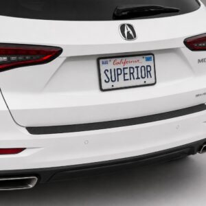 Black vinyl rear sill plate installed on the rear bumper loading edge of a 2023 Acura MDX.