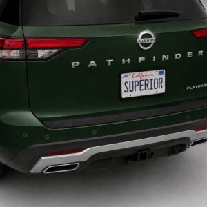 Black vinyl rear sill plate installed on the rear bumper loading edge of a 2023 Nissan Pathfinder.