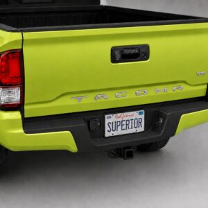 Black vinyl rear sill plate for the bumper loading edge of a Toyota Tacoma, Chevrolet Colorado or GMC Canyon.