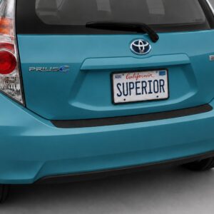 Black vinyl rear sill plate installed on the rear bumper loading edge of a 2019 Toyota Prius c.