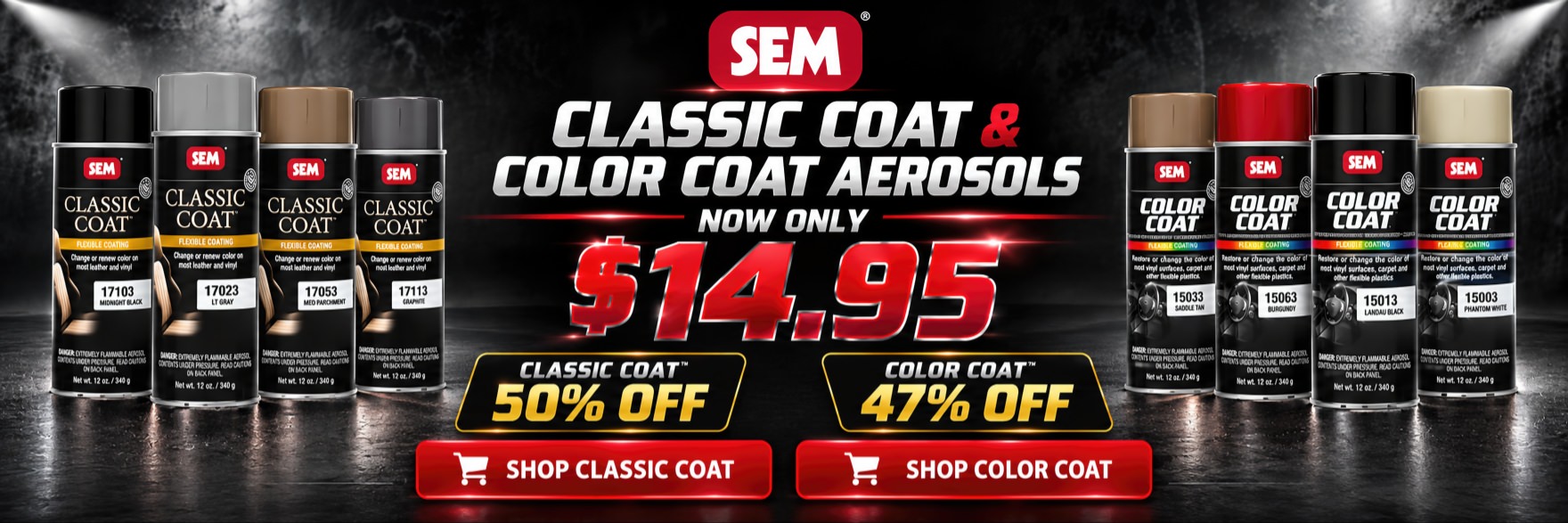 SEM Classic Coat and Color Coat aerosols on sale for $14.95. Classic Coat is 50% off and Color Coat is 47% off.